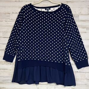Chaps Sweater Women's 2X Blue White Polka Dot 3/4 Sleeve Ribbed Trim Crew Neck